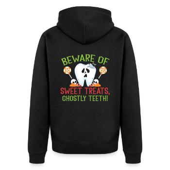 Vorsicht vor süßen Leckereien, Geisterzähne! - Unisex Premium Bio Zip Hoodie - Schwarz - Hinten - Nico (187cm)