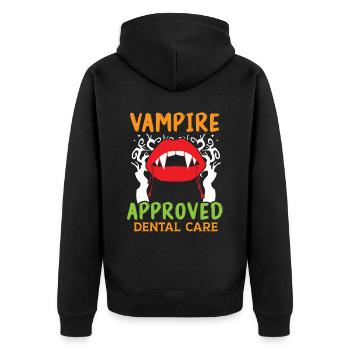 Vampir-geprüfte Zahnpflege. - Unisex Premium Bio Zip Hoodie - Schwarz - Hinten - Nico (187cm)