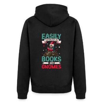 Leicht abzulenken mit Büchern und Gartenzwergen - Unisex Premium Bio Zip Hoodie - Schwarz - Hinten - Nico (187cm)