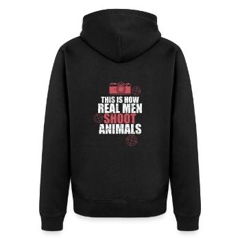 This is how Real Men Shoot Animals Foto - Unisex Premium Organic Zip Hoodie - black - Back - Nico (187cm)