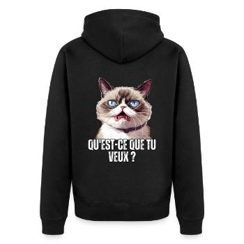 Humour chat qu'est ce que tu veux ? blague meme - Veste à capuche bio Premium Unisexe - noir - Dos - Nico (187cm)