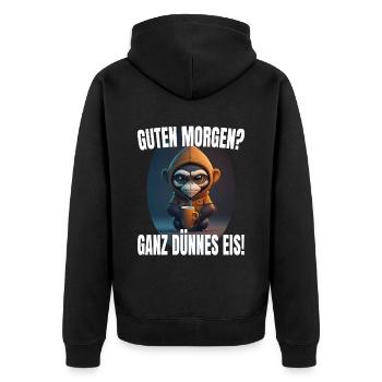 Guten Morgen? Ganz dünnes Eis! Morgenmuffel Affe - Unisex Premium Bio Zip Hoodie - Schwarz - Hinten - Nico (187cm)