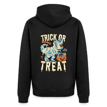 Trick or Treat T-Rex Mummy Disguise with Pumpkin - Unisex Premium Organic Zip Hoodie - black - Back - Nico (187cm)