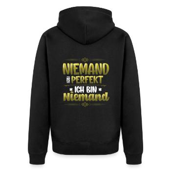 Niemand Ist Perfekt, Ich Bin Niemand, Eingebildet - Unisex Premium Bio Zip Hoodie - Schwarz - Hinten - Nico (187cm)