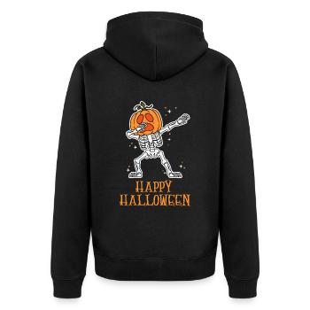Halloween-Design: Dabbing Skelett mit Kürbiskopf - Unisex Premium Bio Zip Hoodie - Schwarz - Hinten - Nico (187cm)