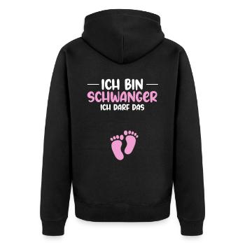 Ich bin schwanger Ich darf das - Schwanger Mama - Unisex Premium Bio Zip Hoodie - Schwarz - Hinten - Nico (187cm)