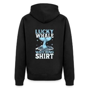 Walbeobachtung - Lucky Whale Watching - Unisex Premium Bio Zip Hoodie - Schwarz - Hinten - Nico (187cm)