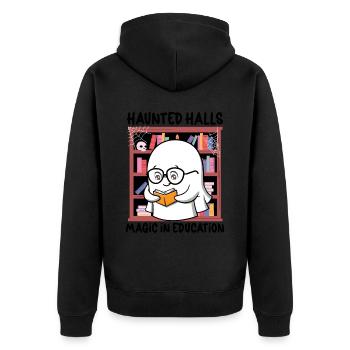 Haunted Halls Magie in der Bildung Lehrer Hallowee - Unisex Premium Bio Zip Hoodie - Schwarz - Hinten - Nico (187cm)