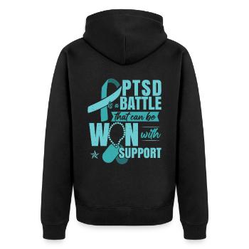 PTSD Support - Unisex Premium Organic Zip Hoodie - black - Back - Nico (187cm)