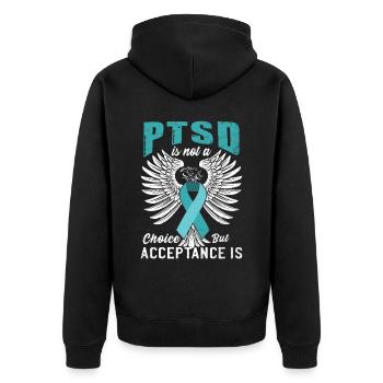 PTBS ist keine Wahl - Unisex Premium Bio Zip Hoodie - Schwarz - Hinten - Nico (187cm)