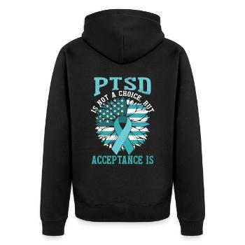 PTBS ist keine Wahl, aber Akzeptanz ist es - Unisex Premium Bio Zip Hoodie - Schwarz - Hinten - Nico (187cm)