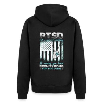 PTBS ist kein Zeichen von Schwäche - Unisex Premium Bio Zip Hoodie - Schwarz - Hinten - Nico (187cm)