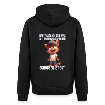 "Heute Menschen schubsen" - Sarkastische Katze - Unisex Premium Bio Zip Hoodie - Schwarz - Hinten - Nico (187cm)