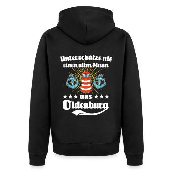 Oldenburg Mann - Unisex Premium Bio Zip Hoodie - Schwarz - Hinten - Nico (187cm)