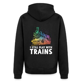 I Still Play With Trains Eisenbahn - Unisex Premium Bio Zip Hoodie - Schwarz - Hinten - Nico (187cm)