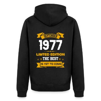 September 1977 Geburtstagsgeschenk - Unisex Premium Bio Zip Hoodie - Schwarz - Hinten - Nico (187cm)