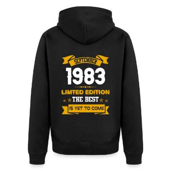 September 1983 Geburtstagsgeschenk - Unisex Premium Bio Zip Hoodie - Schwarz - Hinten - Nico (187cm)