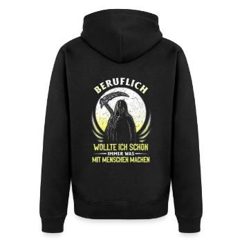wollte ich schon immer was mit Menschen machen - Unisex Premium Bio Zip Hoodie - Schwarz - Hinten - Nico (187cm)