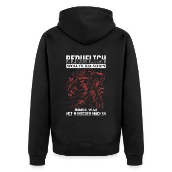 wollte ich schon immer was mit Menschen machen - Unisex Premium Bio Zip Hoodie - Schwarz - Hinten - Nico (187cm)