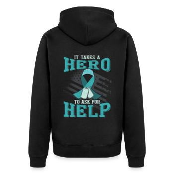 Es braucht einen Helden, um um Hilfe zu bitten - Unisex Premium Bio Zip Hoodie - Schwarz - Hinten - Nico (187cm)