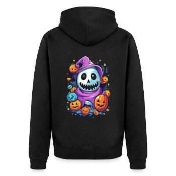 Smiling Ghost and Witch's Hat – Sweet Creepy Joy - Unisex Premium Organic Zip Hoodie - black - Back - Nico (187cm)