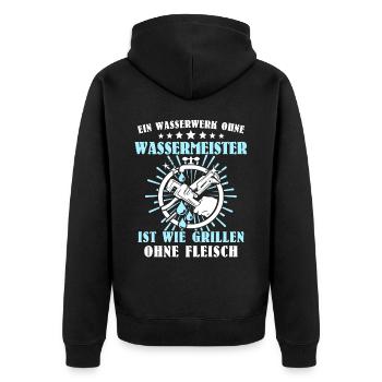 Wassermeister Wasserwerk - Unisex Premium Bio Zip Hoodie - Schwarz - Hinten - Nico (187cm)