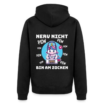 Gaming Einhorn, Zocken, Videospiel, Gamer - Unisex Premium Bio Zip Hoodie - Schwarz - Hinten - Nico (187cm)