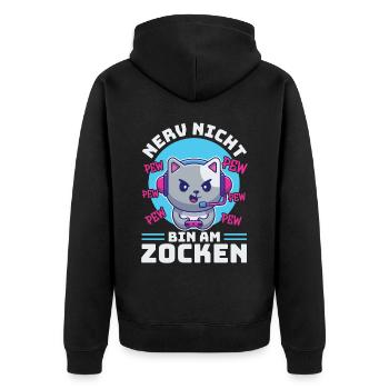 Gaming, Zocken, Videospiel, Grumpy Katze Gamer - Unisex Premium Bio Zip Hoodie - Schwarz - Hinten - Nico (187cm)