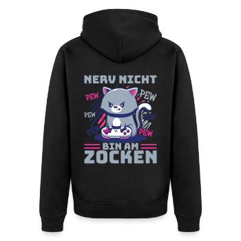 Gaming, Zocken, Videospiel, Grumpy Katze Gamer - Unisex Premium Bio Zip Hoodie - Schwarz - Hinten - Nico (187cm)