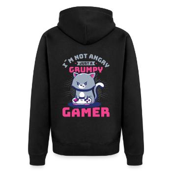 Gaming, Zocken, Videospiel, Grumpy Katze Gamer - Unisex Premium Bio Zip Hoodie - Schwarz - Hinten - Nico (187cm)