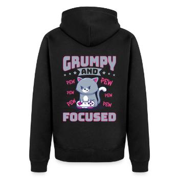 Gaming, Zocken, Videospiel, Grumpy Katze Gamer - Unisex Premium Bio Zip Hoodie - Schwarz - Hinten - Nico (187cm)