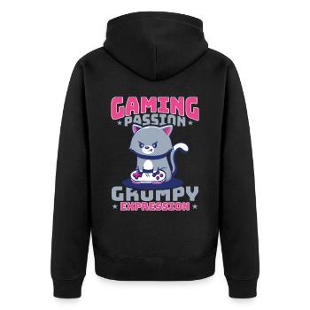 Gaming, Zocken, Videospiel, Grumpy Katze Gamer - Unisex Premium Bio Zip Hoodie - Schwarz - Hinten - Nico (187cm)