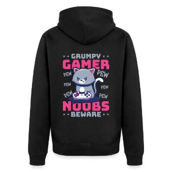 Gaming, Zocken, Videospiel, Grumpy Katze Gamer - Unisex Premium Bio Zip Hoodie - Schwarz - Hinten - Nico (187cm)