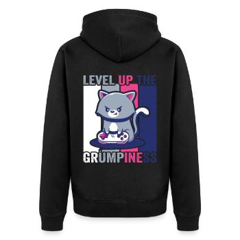 Gaming, Zocken, Videospiel, Grumpy Katze Gamer - Unisex Premium Bio Zip Hoodie - Schwarz - Hinten - Nico (187cm)
