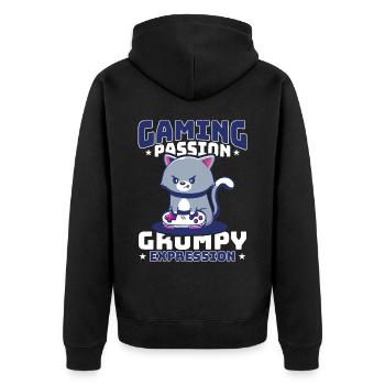 Gaming, Zocken, Videospiel, Grumpy Katze Gamer - Unisex Premium Bio Zip Hoodie - Schwarz - Hinten - Nico (187cm)