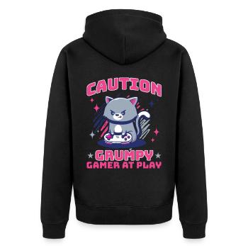 Gaming, Zocken, Videospiel, Grumpy Katze Gamer - Unisex Premium Bio Zip Hoodie - Schwarz - Hinten - Nico (187cm)