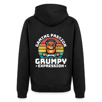 Gaming, Zocken, Videospiel, Grumpy Katze Gamer - Unisex Premium Bio Zip Hoodie - Schwarz - Hinten - Nico (187cm)