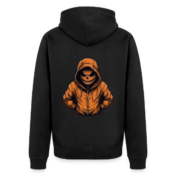 Gruselig-stylischer Jack O'Lantern Roter Hoodie - Unisex Premium Bio Zip Hoodie - Schwarz - Hinten - Nico (187cm)