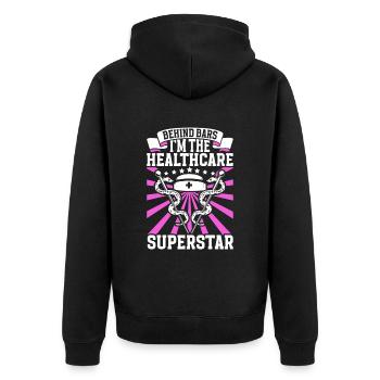 Superstar als Pflegekraft im Strafvollzug - Unisex Premium Bio Zip Hoodie - Schwarz - Hinten - Nico (187cm)