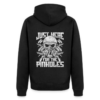 Autolackierer Just Here For The Pinholes - Unisex Premium Bio Zip Hoodie - Schwarz - Hinten - Nico (187cm)