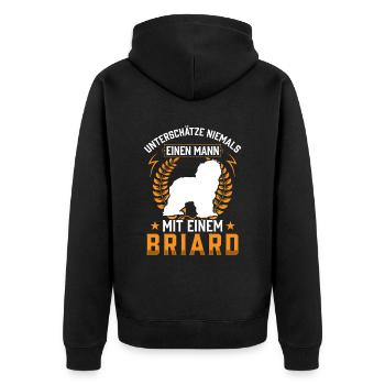 Mann mit Briard Berger de Brie - Unisex Premium Bio Zip Hoodie - Schwarz - Hinten - Nico (187cm)
