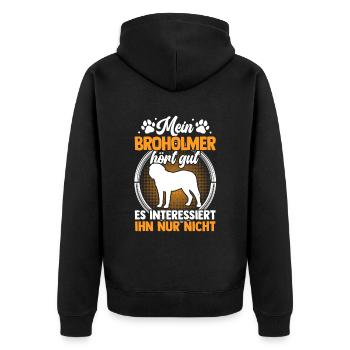 Mein Broholmer hört gut Broholmer - Unisex Premium Bio Zip Hoodie - Schwarz - Hinten - Nico (187cm)