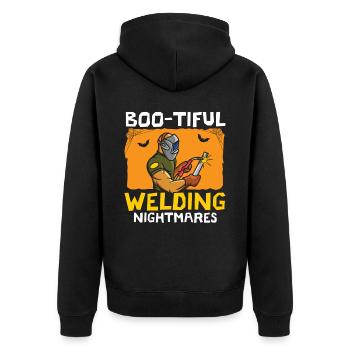 Gespenstische Schweißer-Albträume Schweißer Hallow - Unisex Premium Bio Zip Hoodie - Schwarz - Hinten - Nico (187cm)