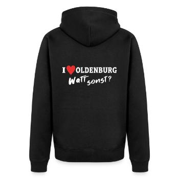 Ich Liebe Oldenburg - Unisex Premium Bio Zip Hoodie - Schwarz - Hinten - Nico (187cm)