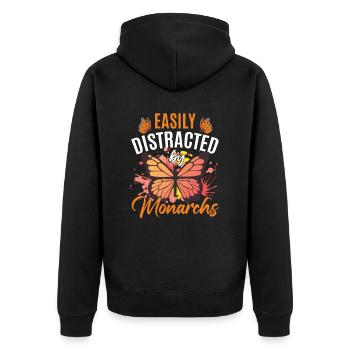 Leicht abgelenkt von Monarchen - Unisex Premium Bio Zip Hoodie - Schwarz - Hinten - Nico (187cm)