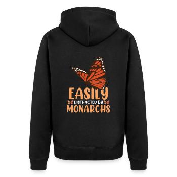 Leicht abgelenkt von Monarchen - Unisex Premium Bio Zip Hoodie - Schwarz - Hinten - Nico (187cm)