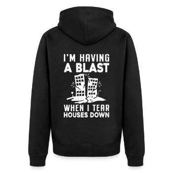 Lustiger Tag des Hausabrisses - Unisex Premium Bio Zip Hoodie - Schwarz - Hinten - Nico (187cm)