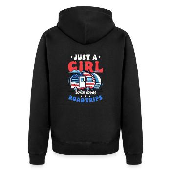 Roadtrip-Mädchen liebt Roadtrips - Unisex Premium Bio Zip Hoodie - Schwarz - Hinten - Nico (187cm)