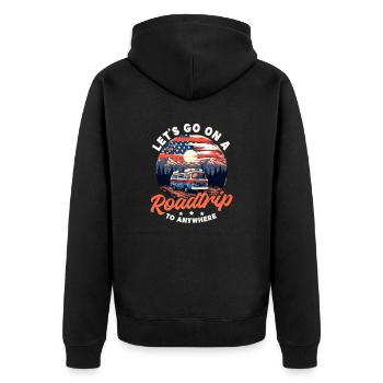 Roadtrip Gehen Sie auf einen Roadtrip an jeden Ort - Unisex Premium Bio Zip Hoodie - Schwarz - Hinten - Nico (187cm)