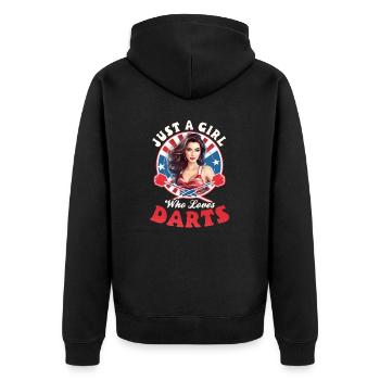 Dart Girl liebt Darts - Unisex Premium Bio Zip Hoodie - Schwarz - Hinten - Nico (187cm)